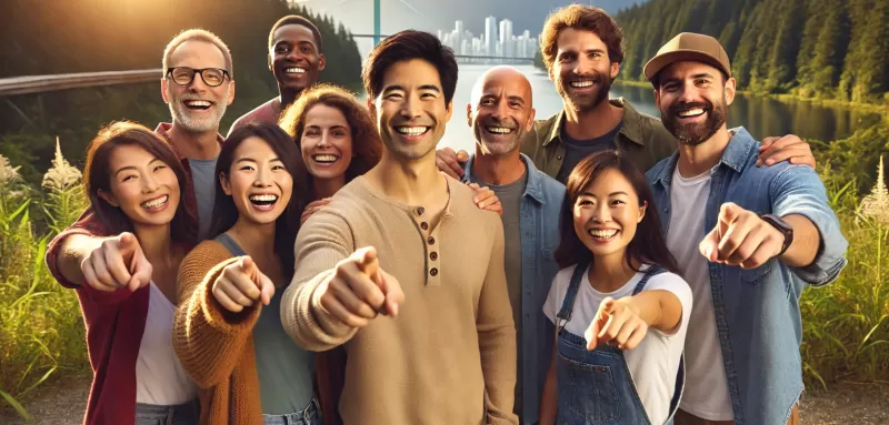 Group of people pointing in at you.